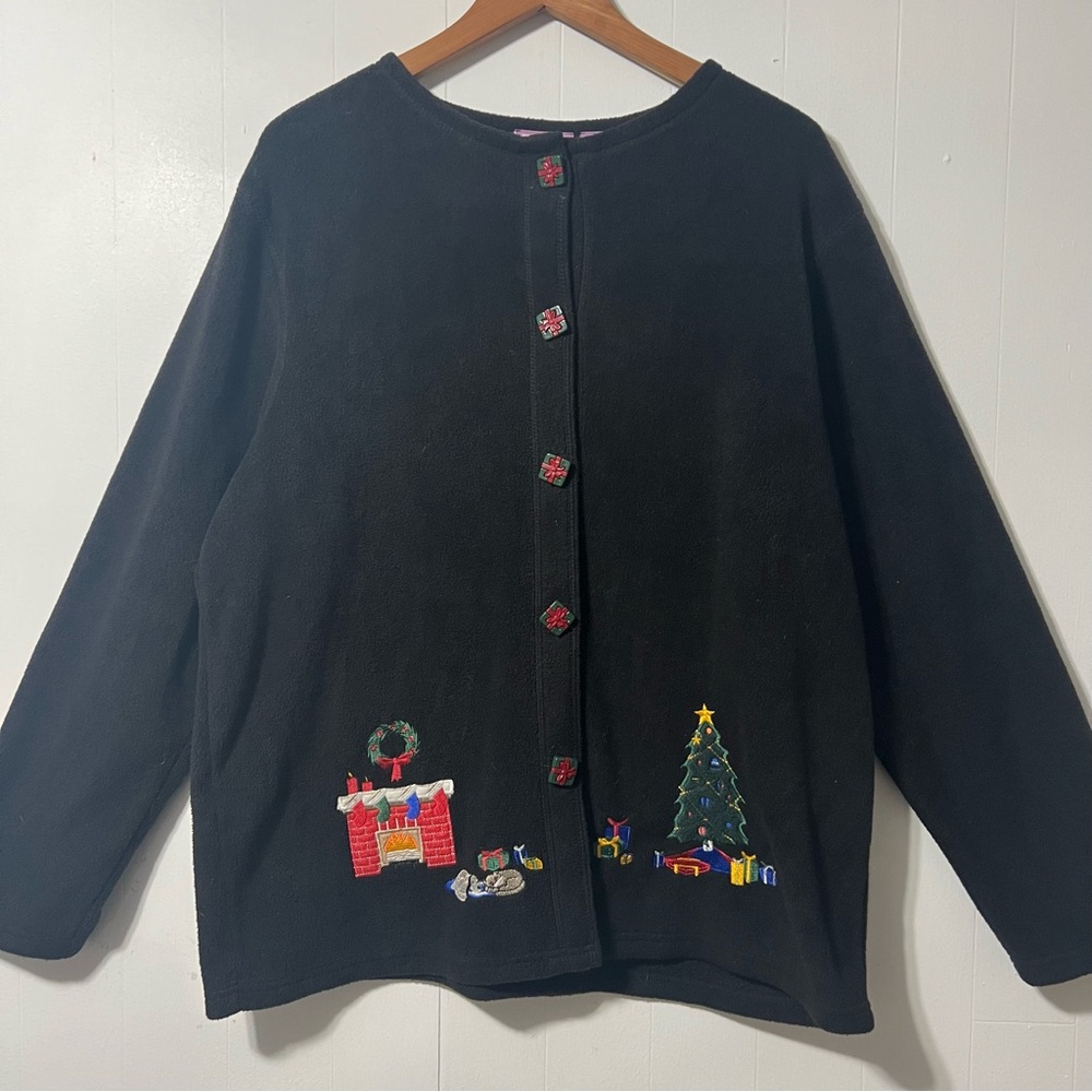 Vintage 90’s Embroidered Holiday Christmas  Button Down Cardigan Fleece Shirt XL